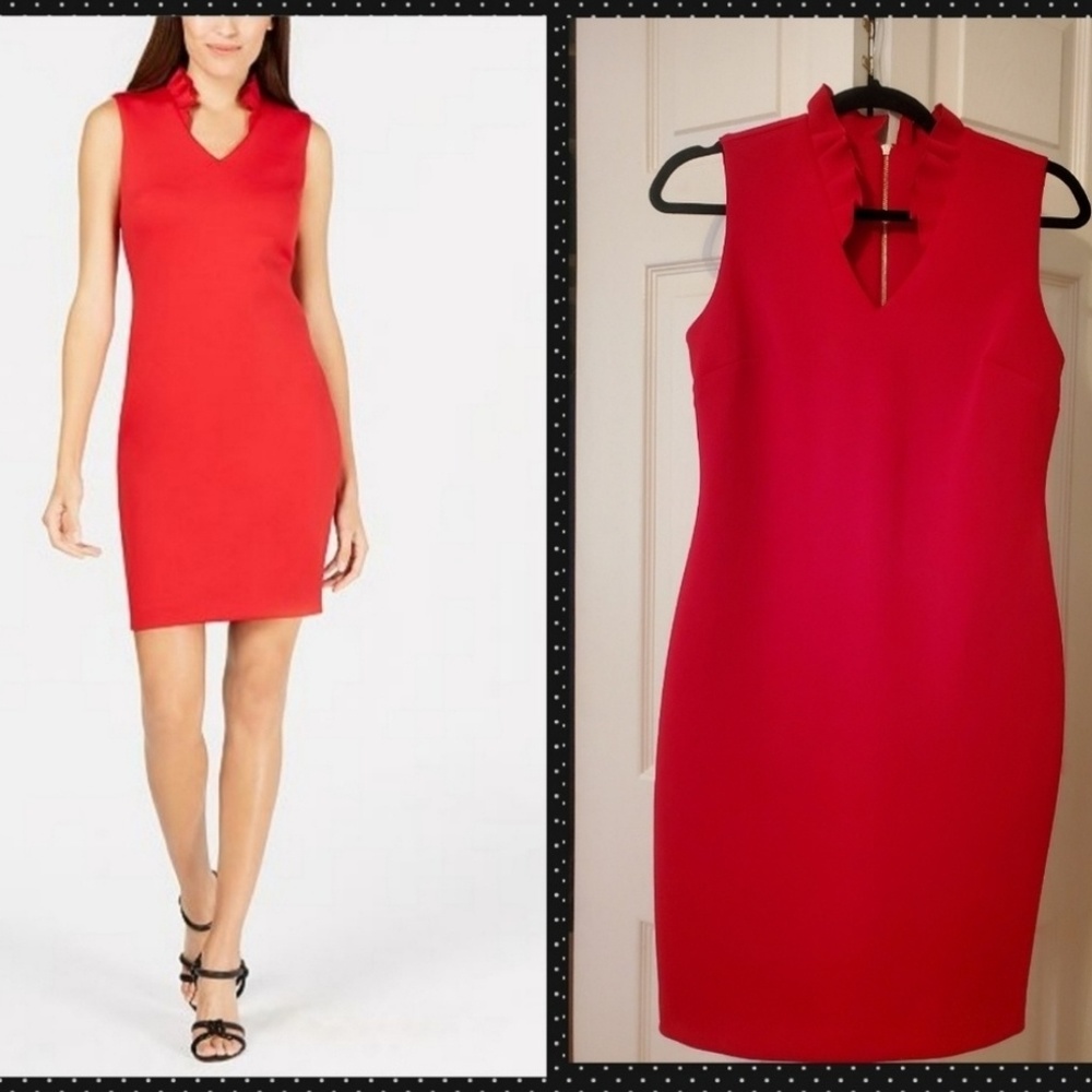 Calvin Klein Red Ruffled Collar Sheath Dress
